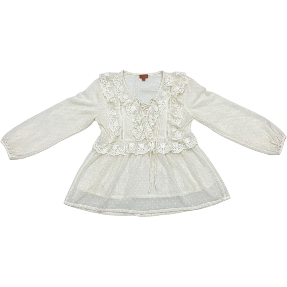 Scully Cream Swiss Dot Lace Ruffle Blouse Western Boho Peplum Top Small